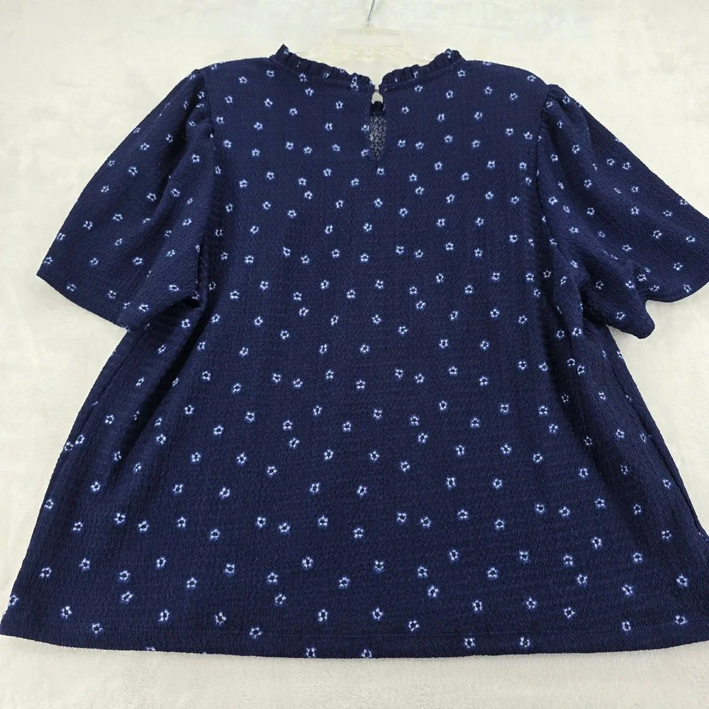 LOFT Babydoll Top Womens XXL Floral Ruffle Neck Navy Blue Short Sleeve Good